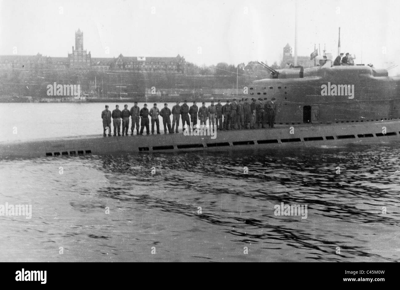 German U-Boat type XXI in the port of Muerwik, 1945 Stock Photo