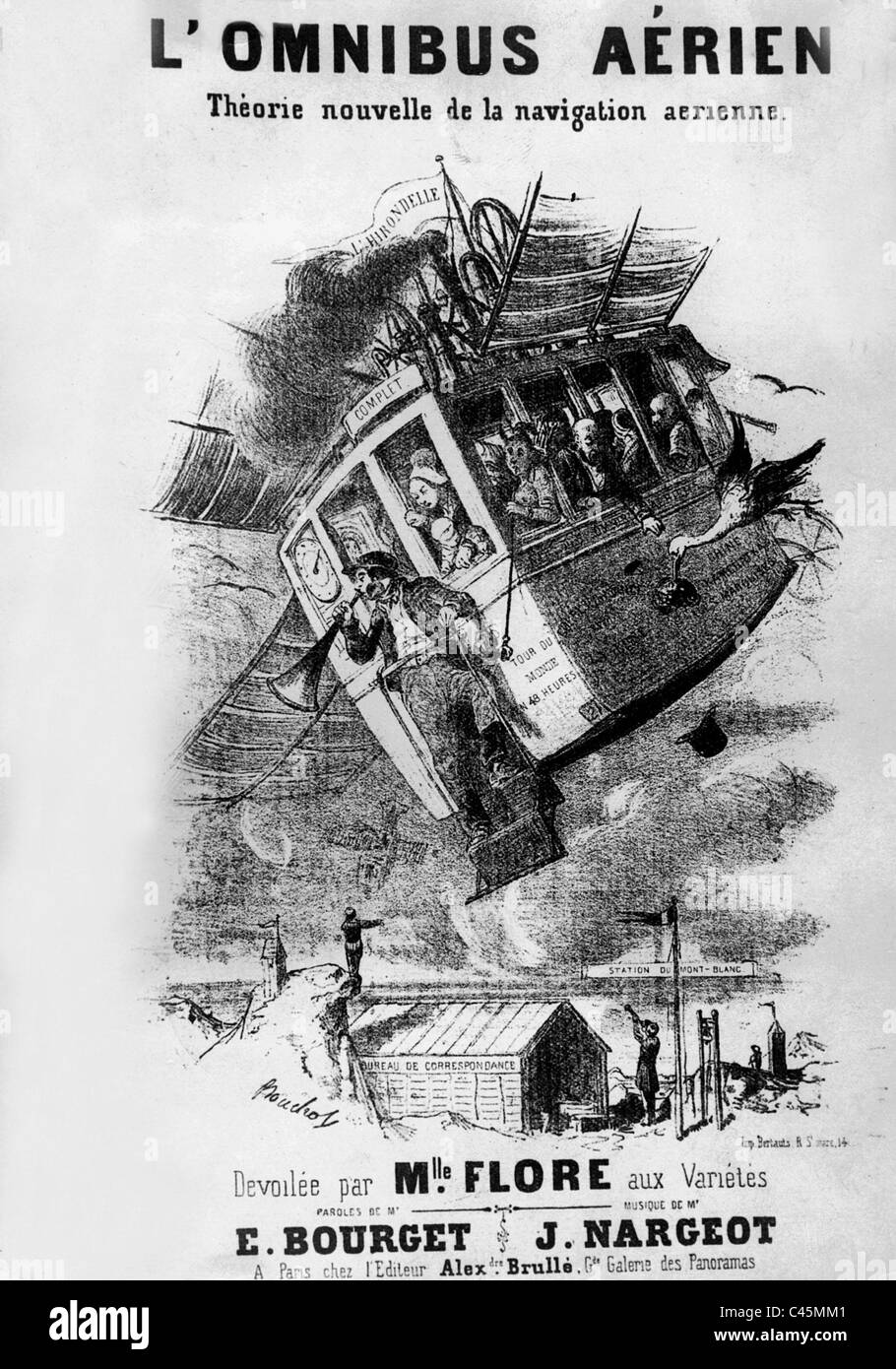 Illustration of the popular song 'Der fliegende Omnibus' (The Flying Omnibus) around 1900 Stock Photo