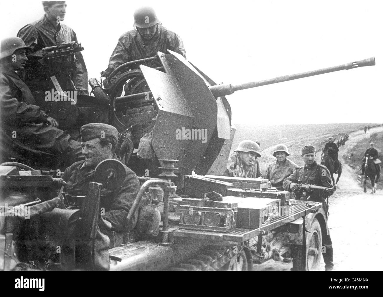 German 2 cm Flak 38 on a road in Russia Stock Photo