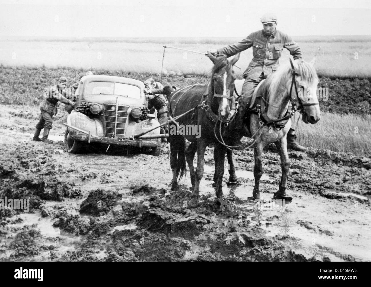 Horses pulling a car of the Armed Forces out of the morass, 1941 Stock