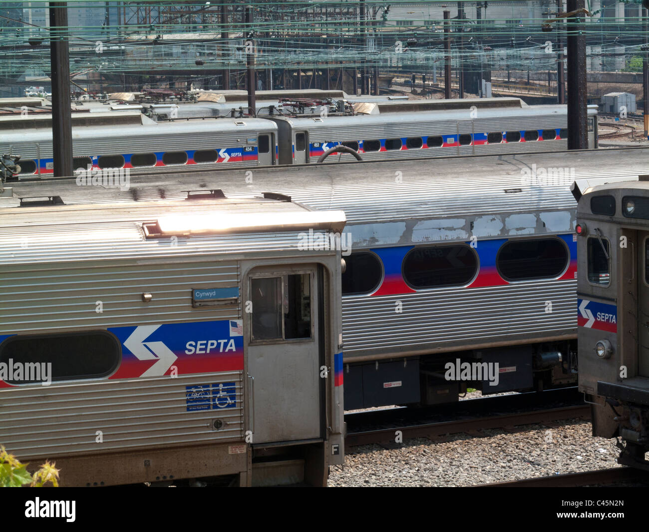SEPTA railway trains parked on tracks outside 30th St Station, Philadelphia, Pennsylvania, USA Stock Photo