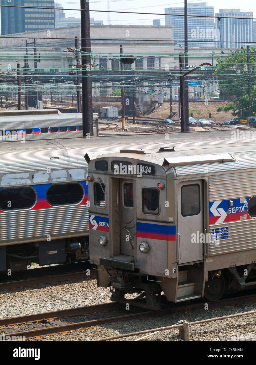 SEPTA railway trains parked on tracks outside 30th St Station, Philadelphia, Pennsylvania, USA Stock Photo