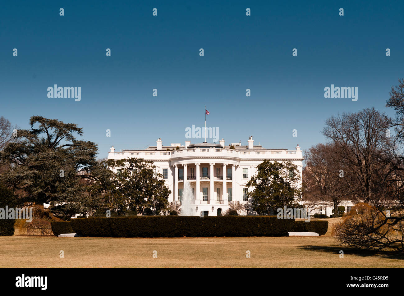 WASHINGTON DC, USA - The White House with clear blue sky. The home and office of the President of the United States, the White House is at 1600 Pennsylvania Ave NW, Washington DC. Stock Photo