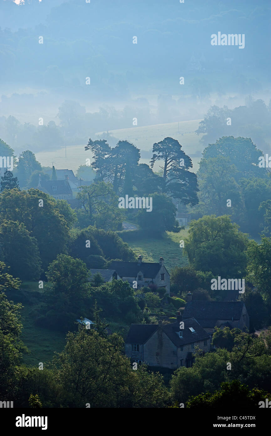 Pitchcombe, Stroud, Gloucestershire at sunrise with mist Stock Photo