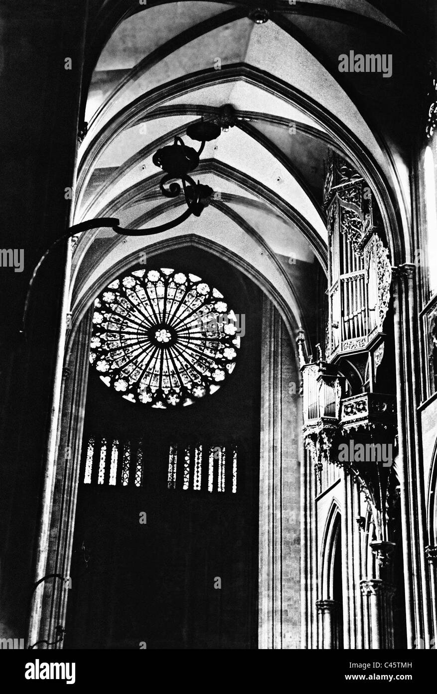 rose window and the Silbermann organ in the Strasbourg cathedral, 1943 Stock Photo