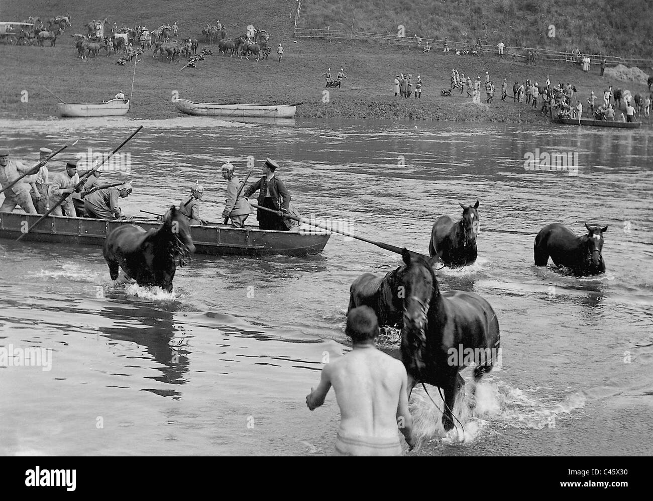 River crossing of a cavalry regiment, 1913 Stock Photo