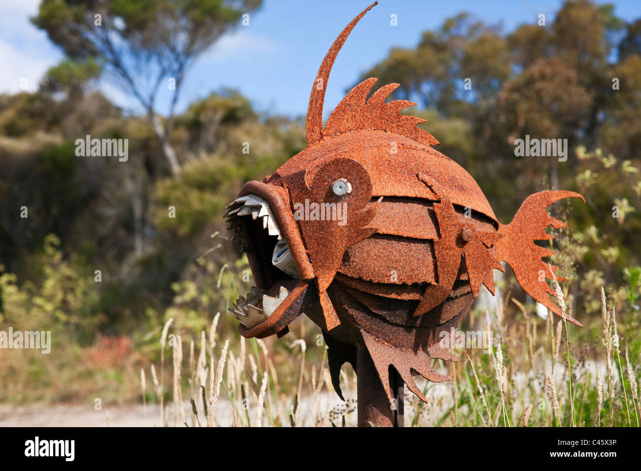 Quirky letterbox in shape of a Piranha. Denmark, Western Australia, Australia Stock Photo