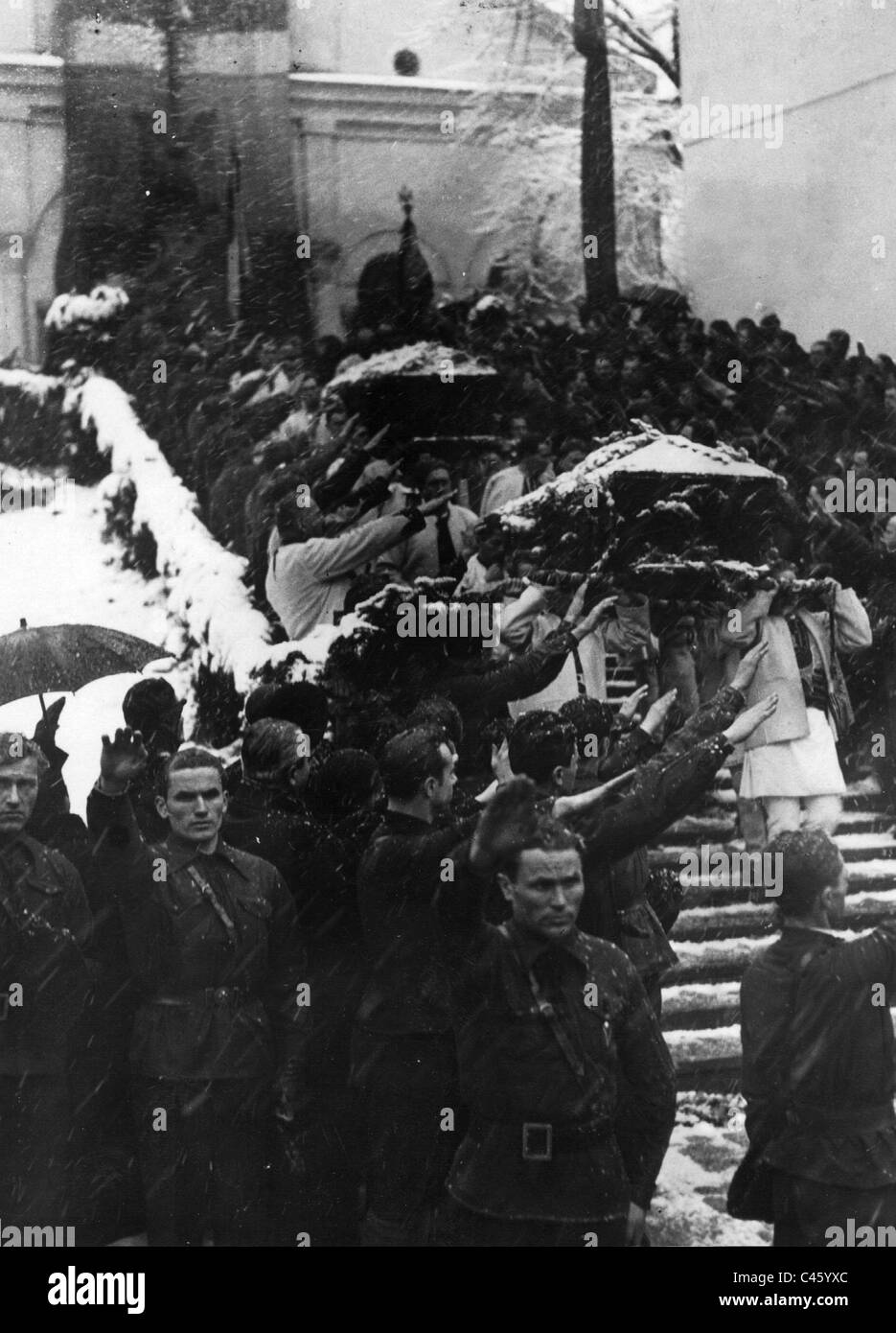 Members of the Iron Guard carry fallen to the grave, 1937 Stock Photo