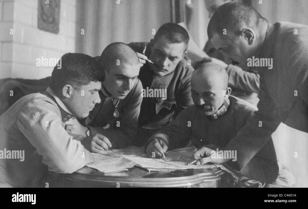 Austro-Hungarian officers studying maps in the First World War, 1915 Stock Photo