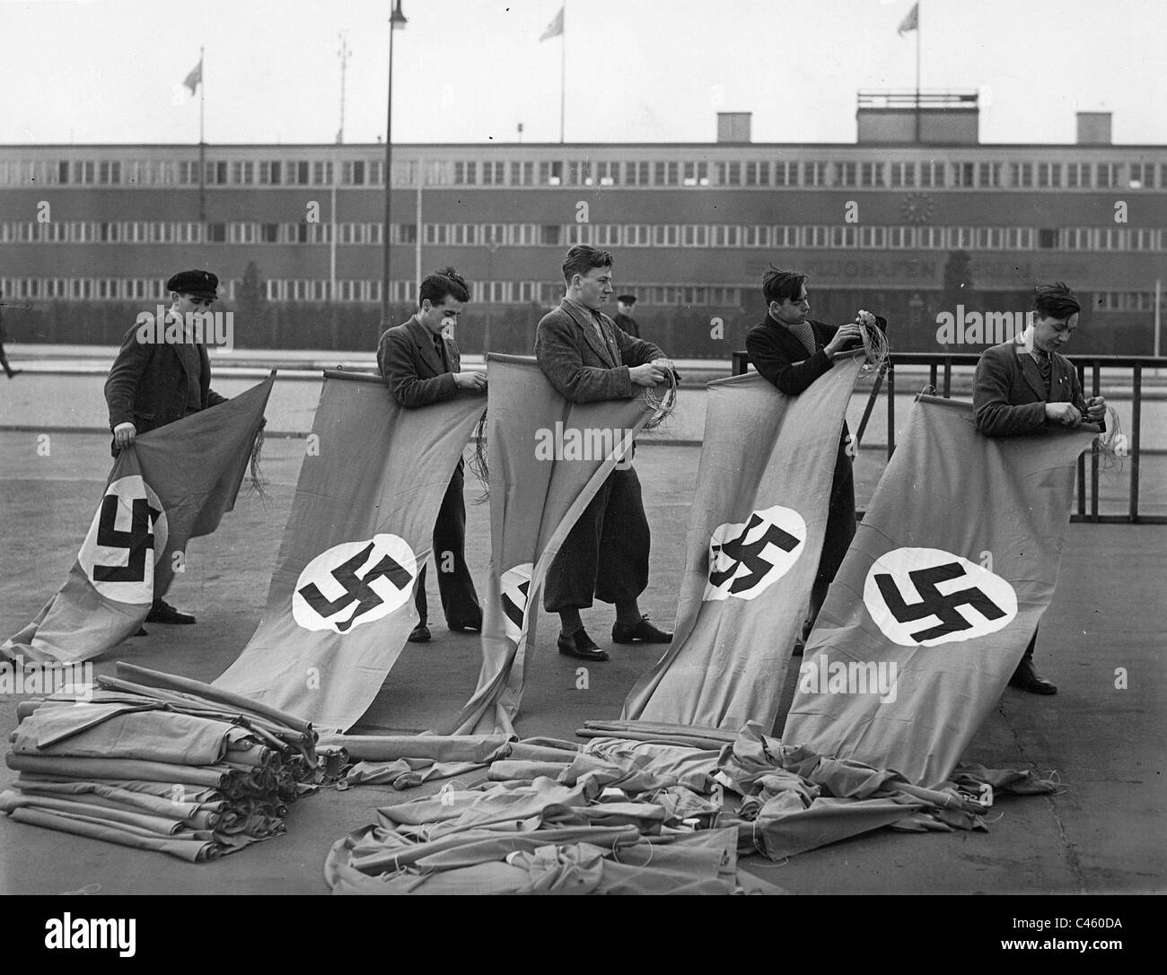 Swastika flags on the Tempelhof airport, 1938 Stock Photo
