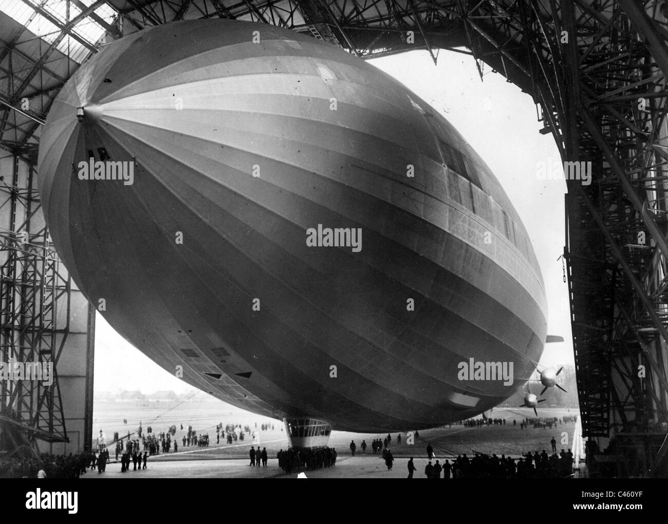 The airship LZ 129 'Hindenburg' leaves the hangar in Friedrichshafen, 1936 Stock Photo