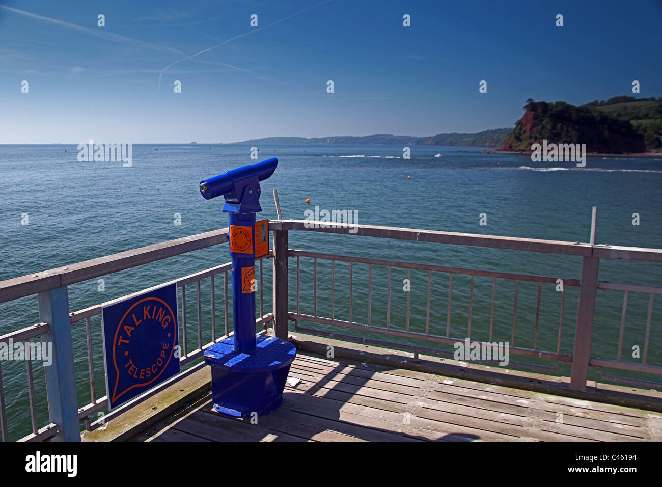 A talking telescope on the end of the Grand Pier at Teignmouth, Devon, England, UK Stock Photo