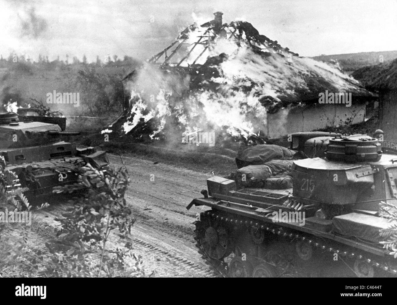 German panzer III in a Russian village, 1941 Stock Photo