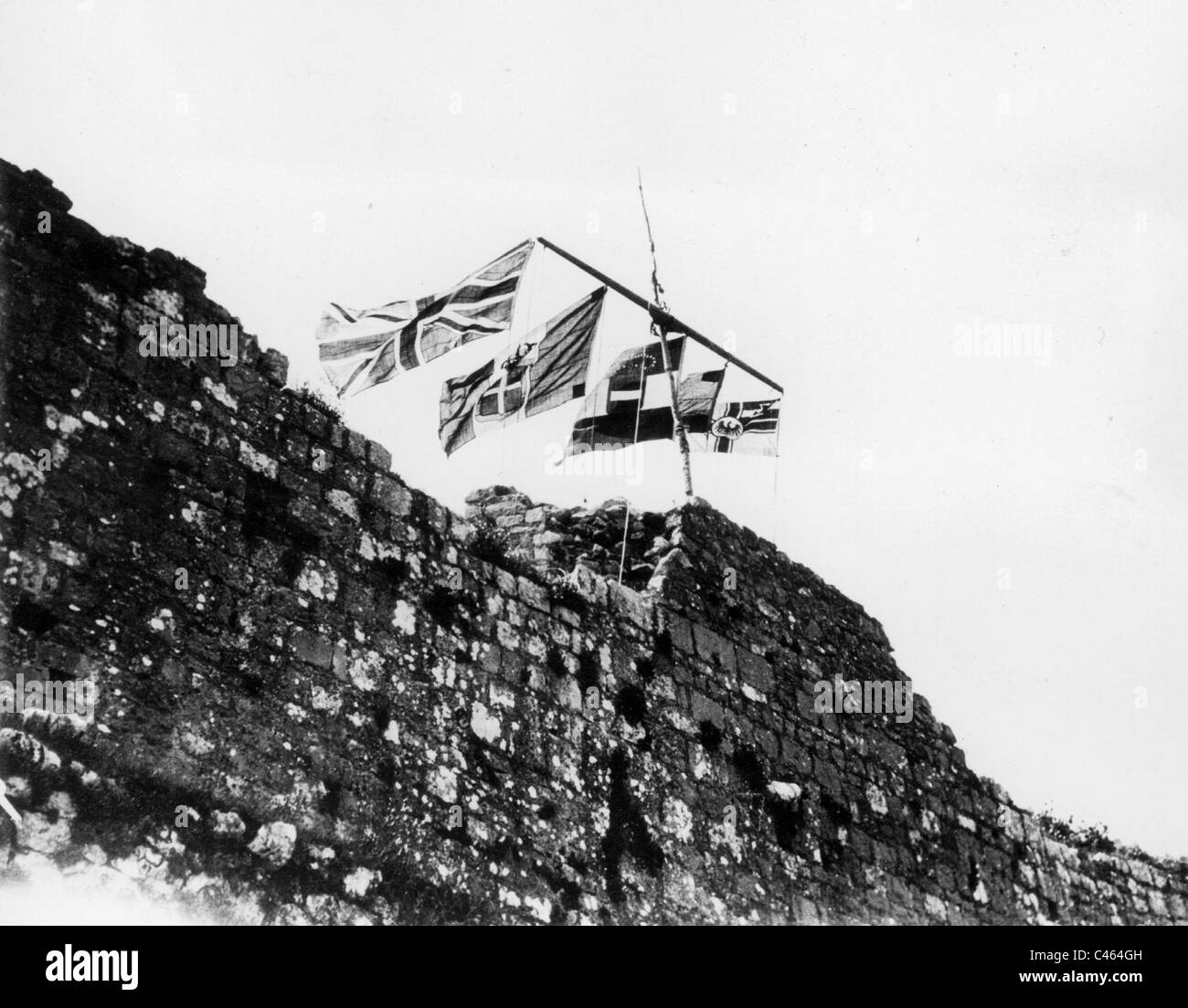 Flags of the great powers on the city walls on Shkoder, 1912 Stock Photo