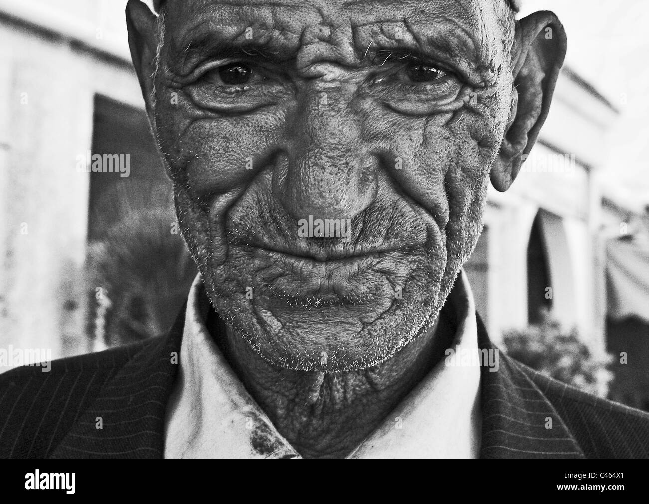 Portrait of elderly man with lined face Stock Photo