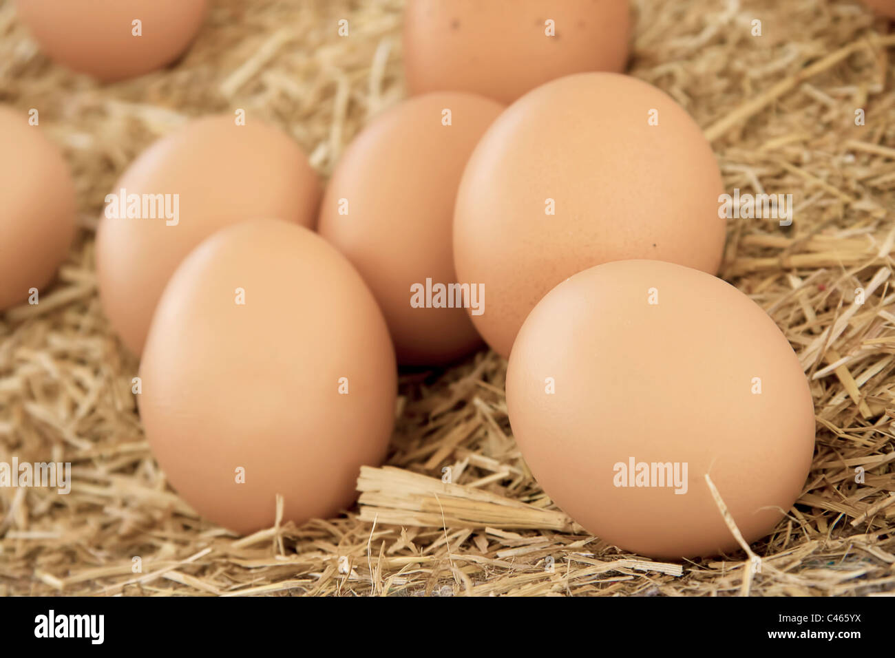 Chicken eggs on a straw bazaar counter Stock Photo - Alamy