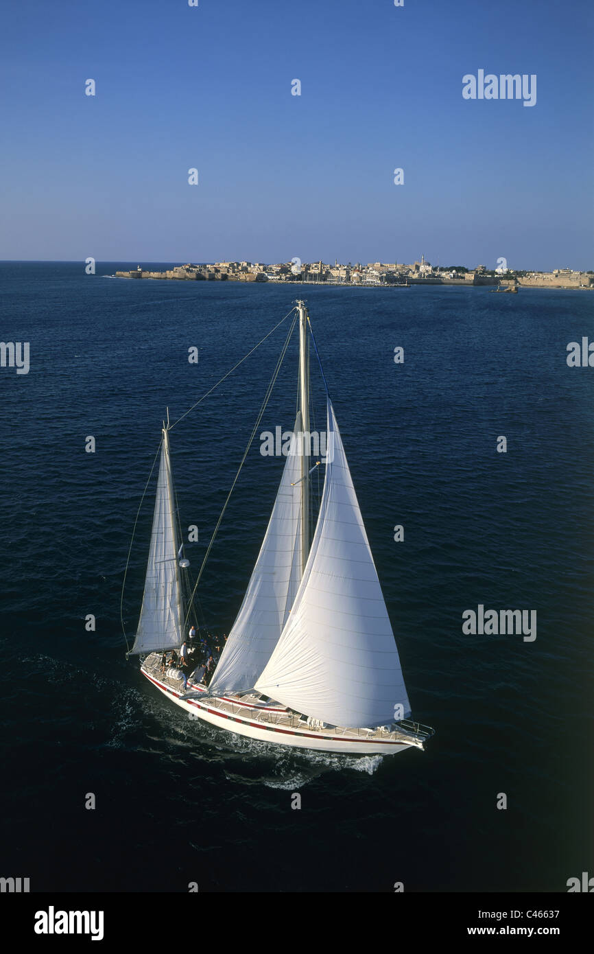 Aerial photograph of a sailing boat in the Mediterranean sea Stock ...