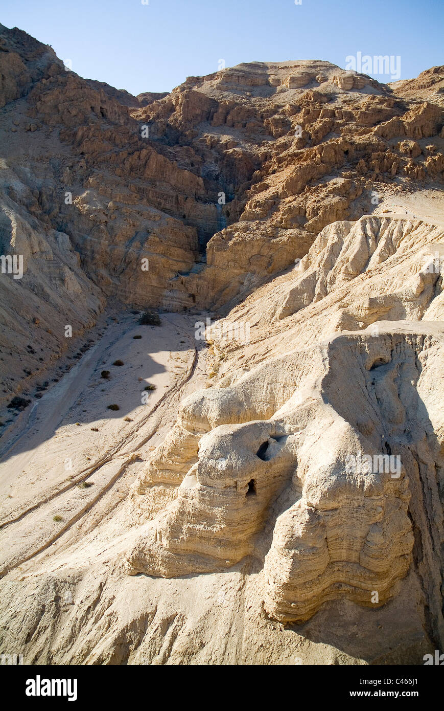 Aerial photograph of Qumran in the Northern Basin of the Dead sea Stock Photo