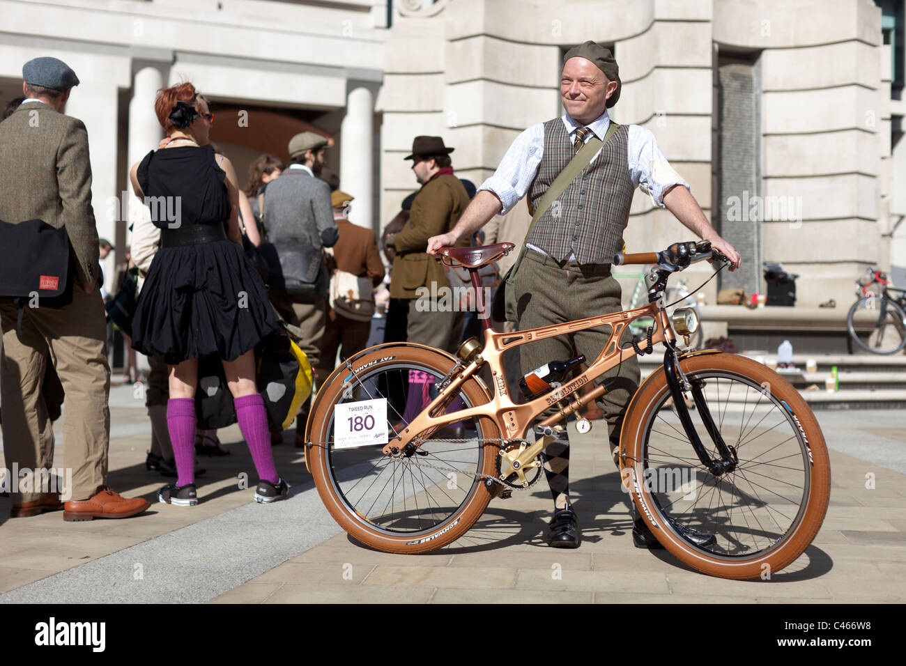 The Tweed Run, London, UK, 11th April 2011: participants gather in Paternoster Square   Photo by Mike Goldwater Stock Photo