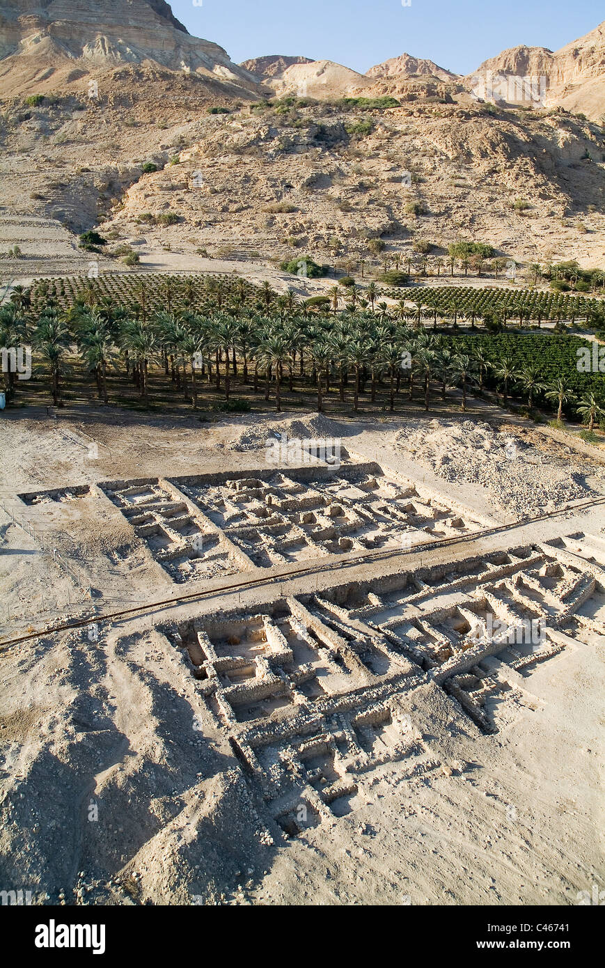 Aerial photograph of the excavation of Ein Gedi in the northern basin of the Dead Sea Stock Photo