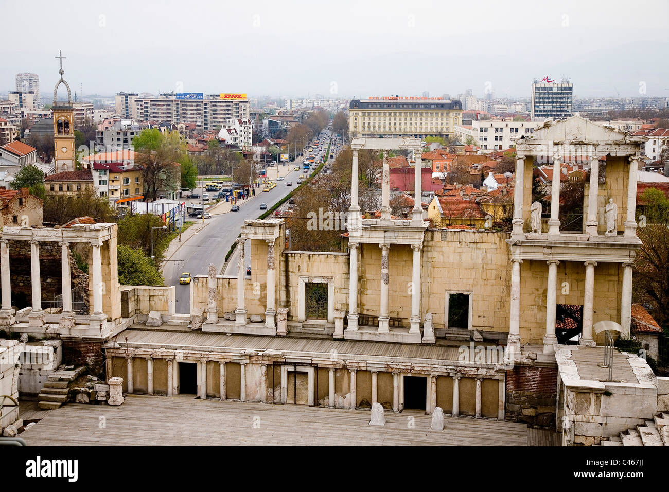 Photograph of the ancient Roman Amphitheater in the modern city of Plovdiv in Bulgaria Stock Photo