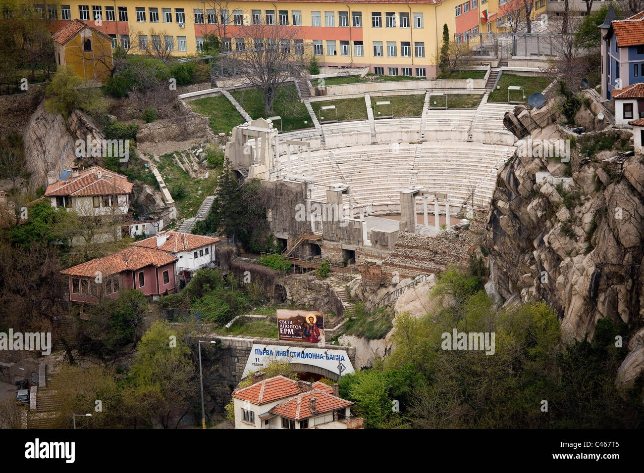 Aerial photograph of the ancient Roman Amphitheater  in the modern city of Plovdiv Bulgaria Stock Photo