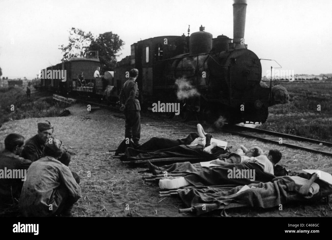 Transportation of wounded soldiers on a narrow-gauge railroad Stock Photo