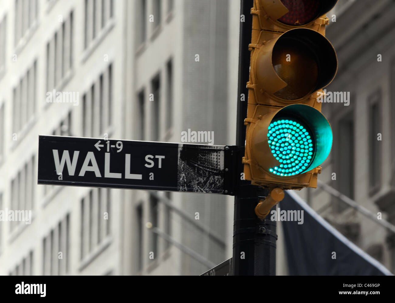 The Wall street area in New York City's financial district houses the New York Stock Exchange. Stock Photo