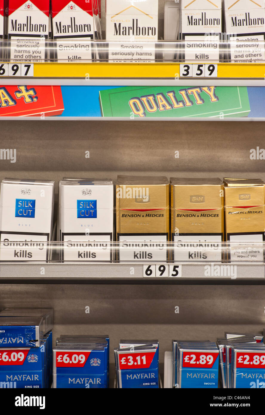 Cigarette Display Behind A Shop Counter Stock Photo