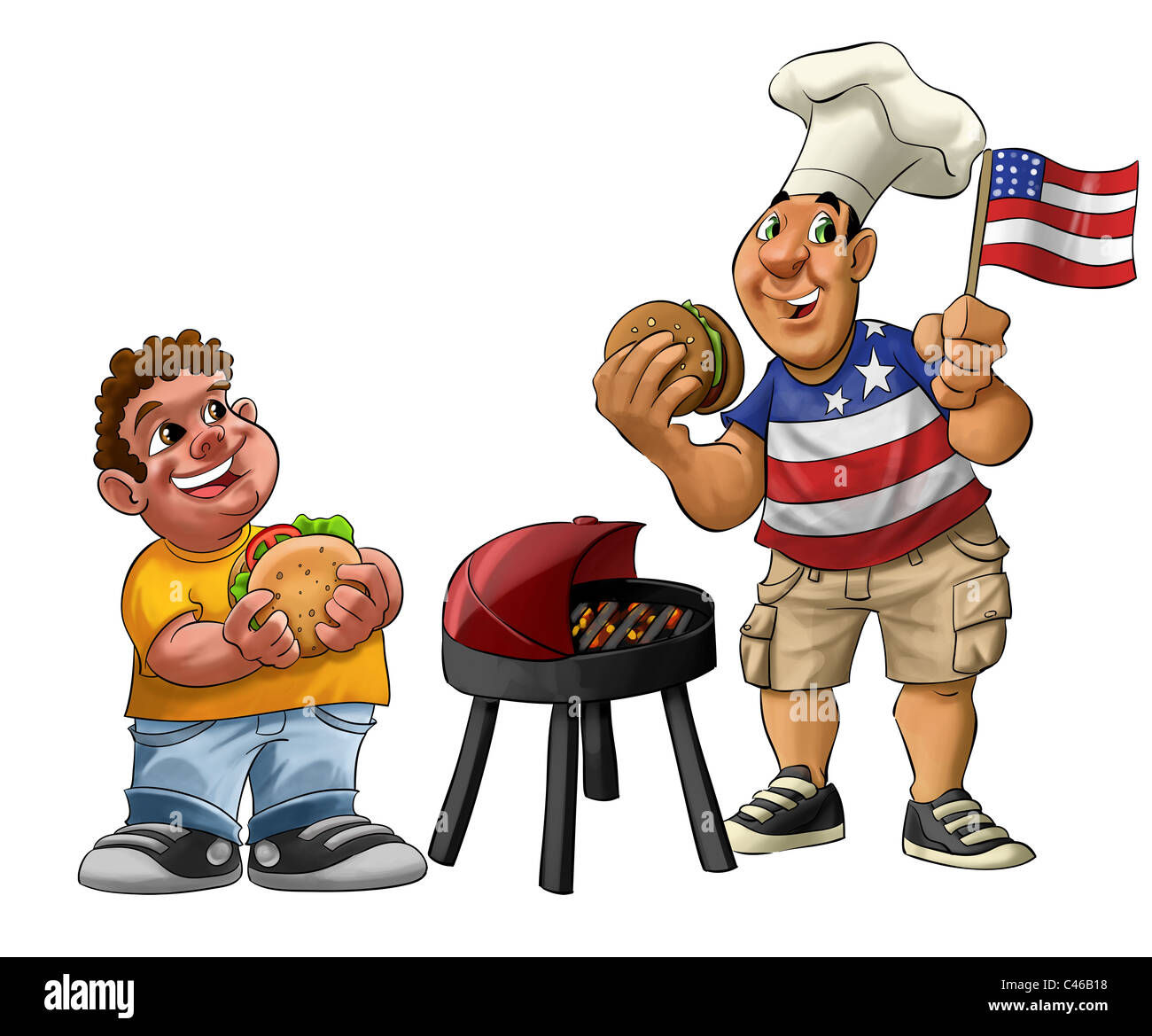 fat guy eating a hamburger with usa shirt and flag Stock Photo