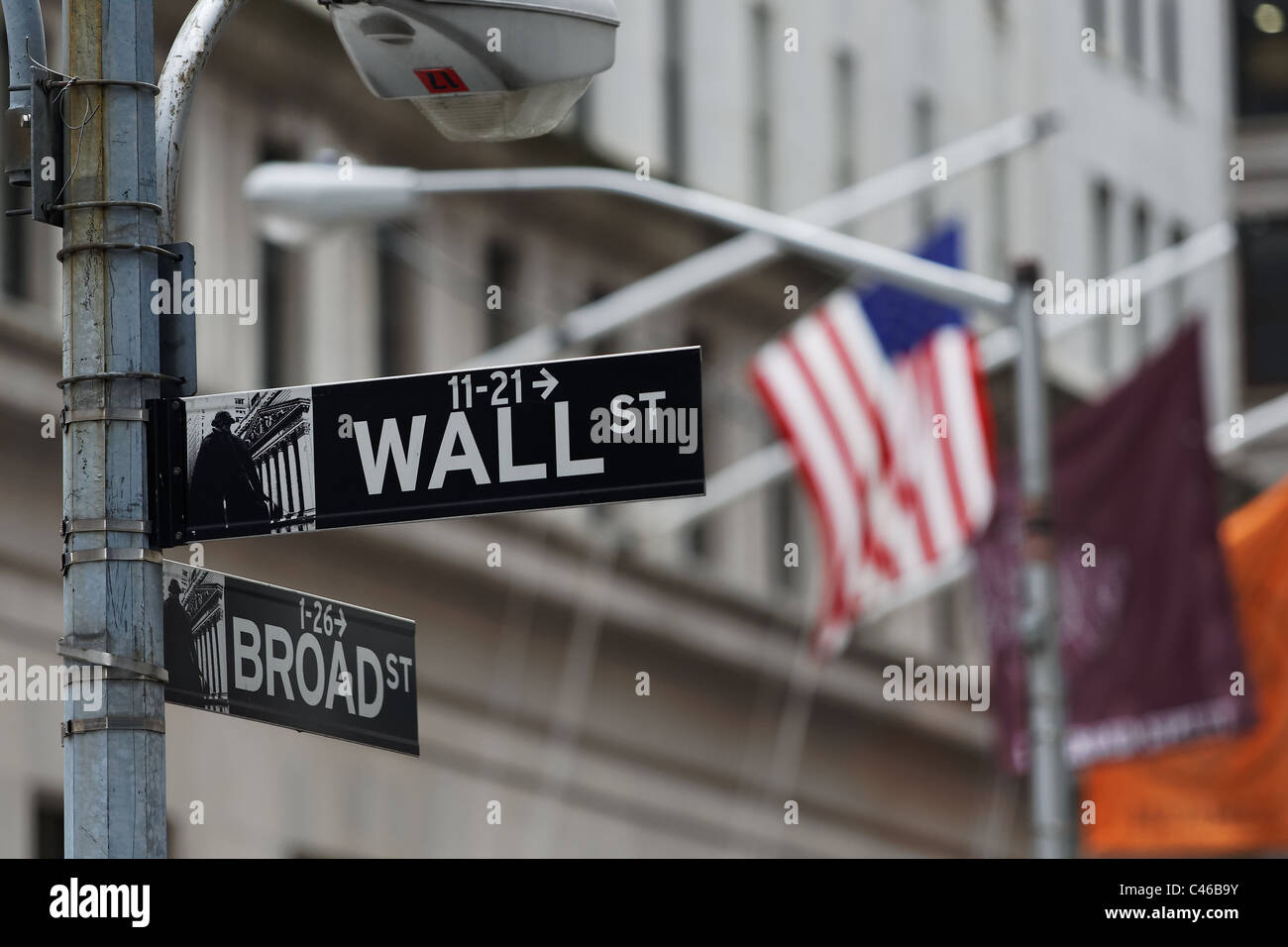 Wall street in the financial district,  lower Manhattan, New York City. Stock Photo
