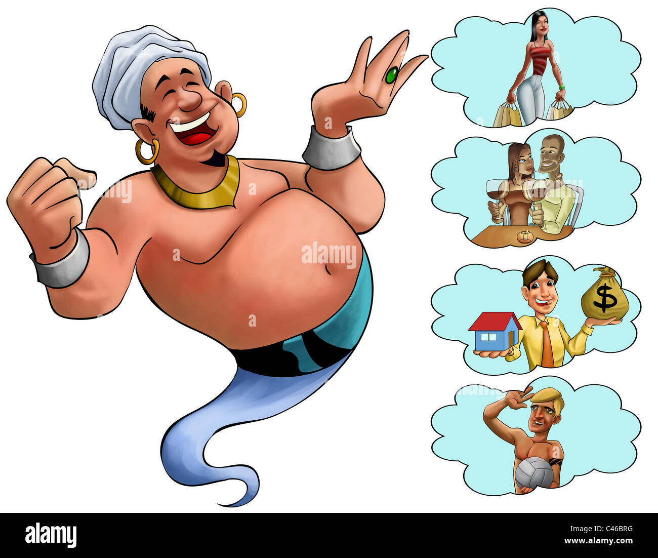 happy fat genie smiley in the moment when he appears Stock Photo