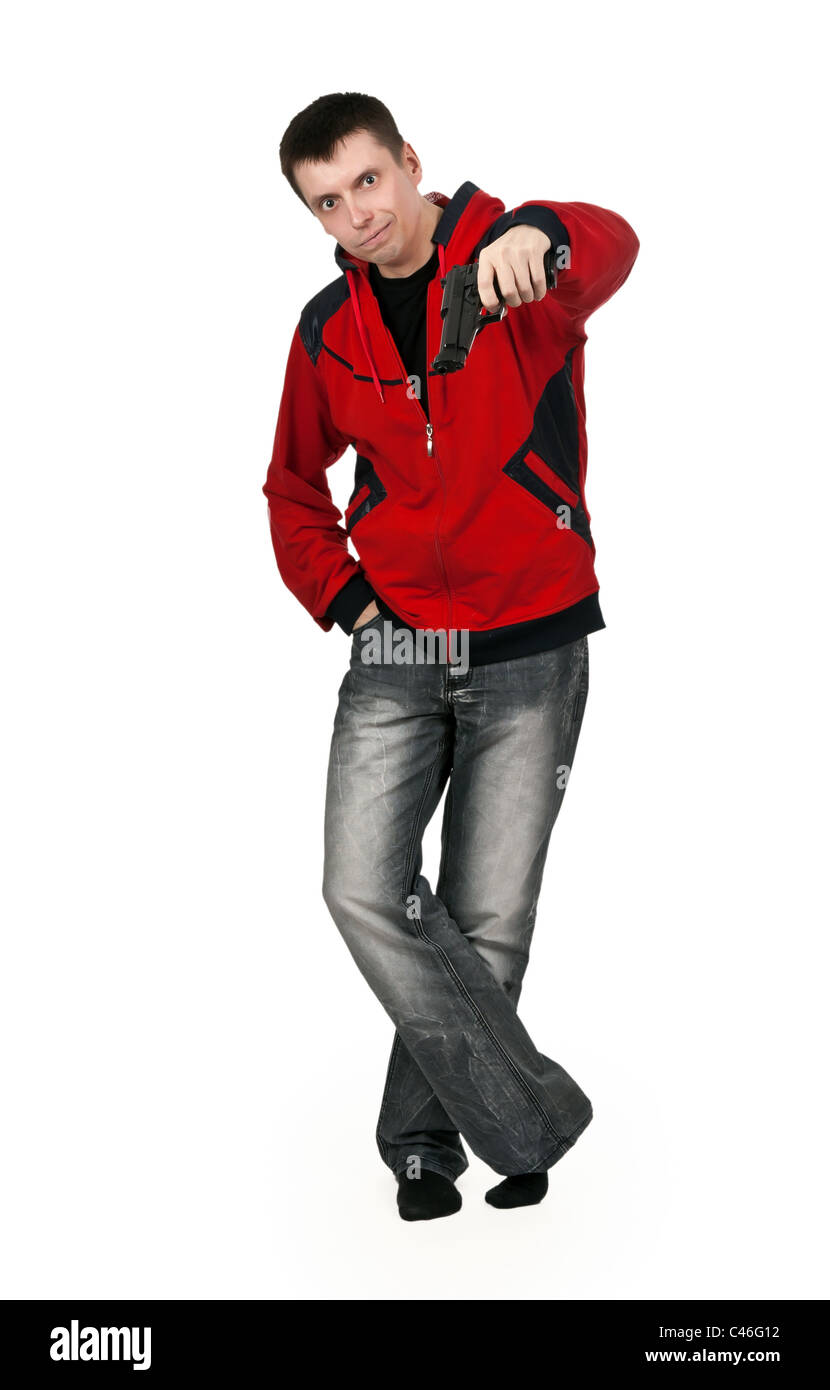 young thug in a red sweater with a gun on a white background Stock Photo
