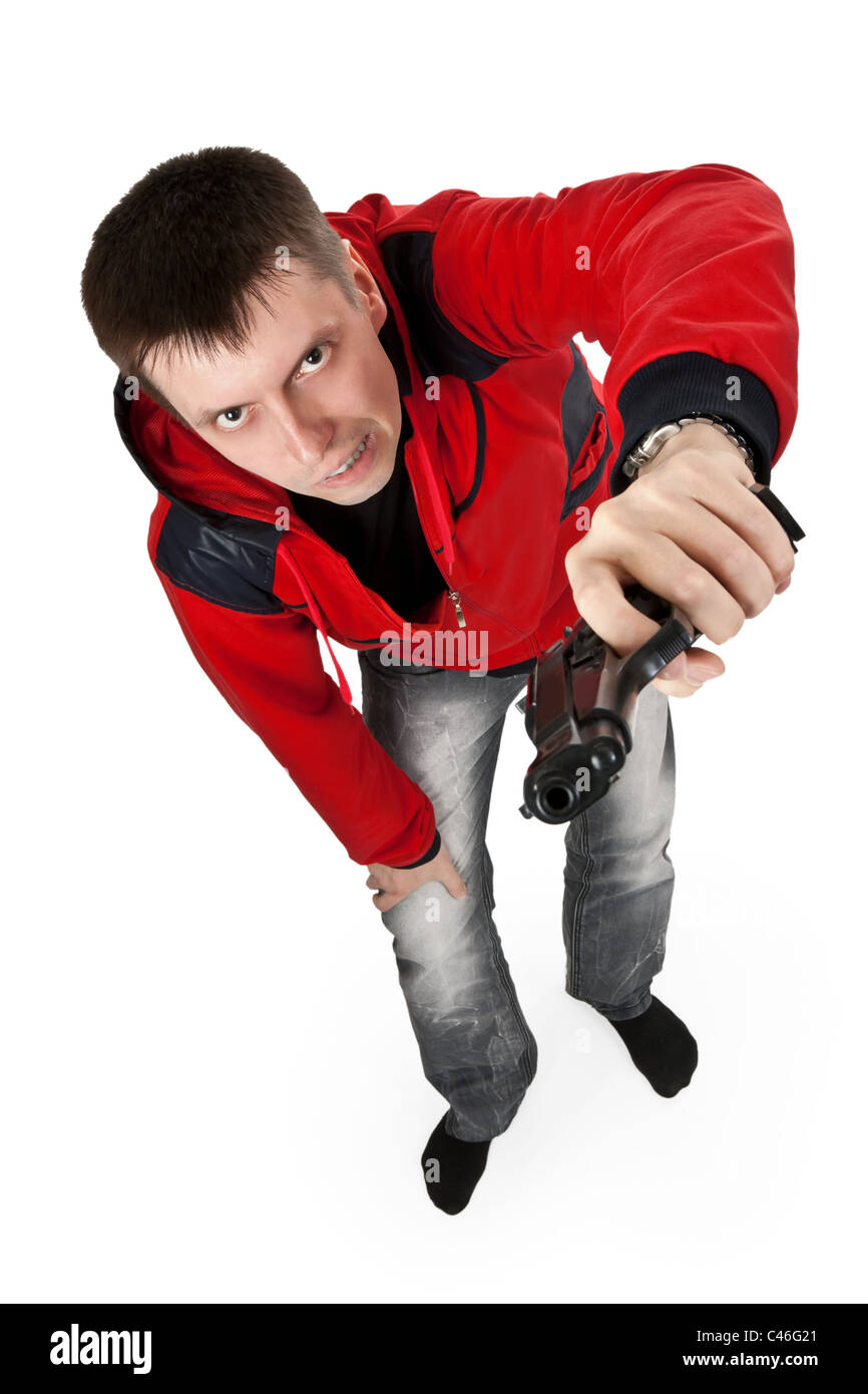 young thug in a red sweater with a gun on a white background Stock Photo