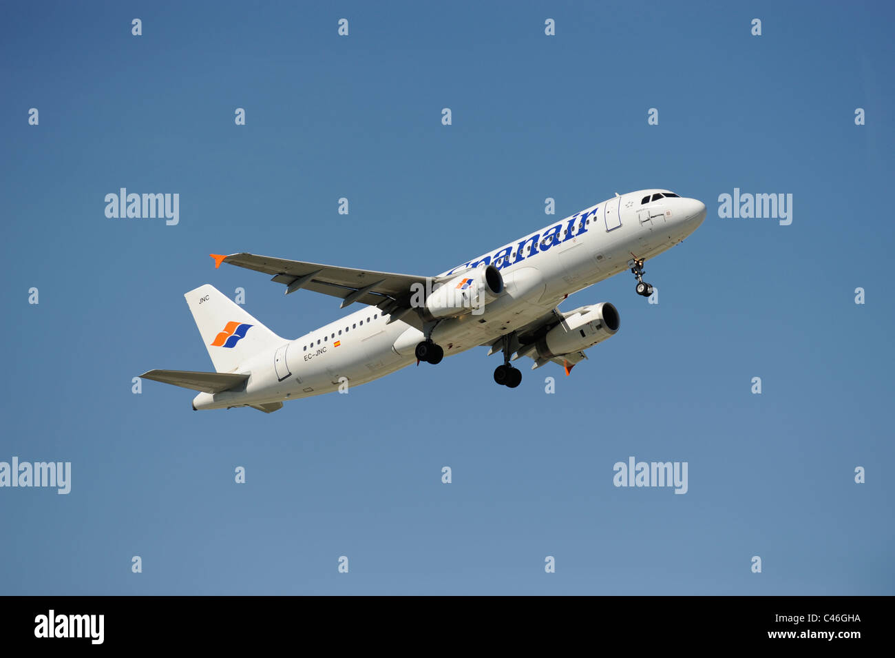 Airbus airplane of spanish airline Spanair at takeoff from airport