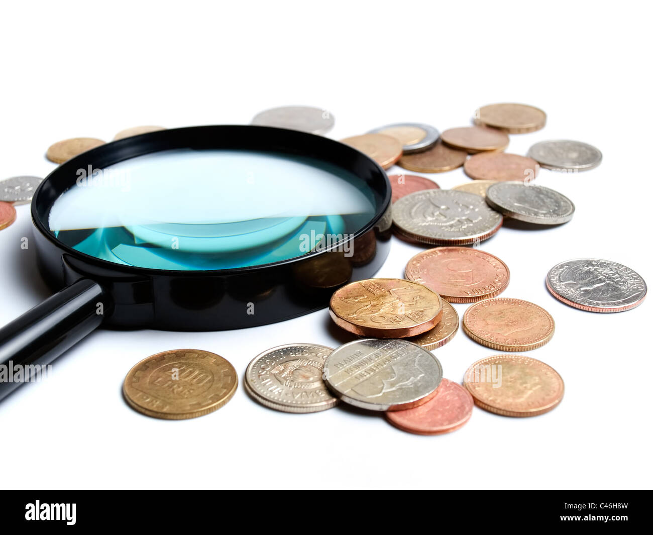 Two main things in numismatics, magnifiers and coins Stock Photo Alamy