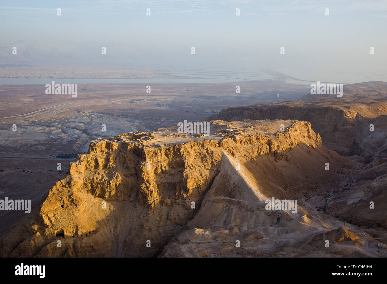 Aerial view of the Archeologic site of Masada and the Roman Ramp built by Lucius Flavius Silva during the Judian Rebellion Stock Photo