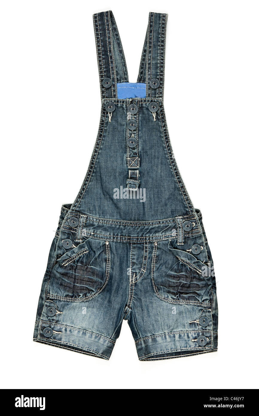 children's denim shorts with suspenders on a white background Stock