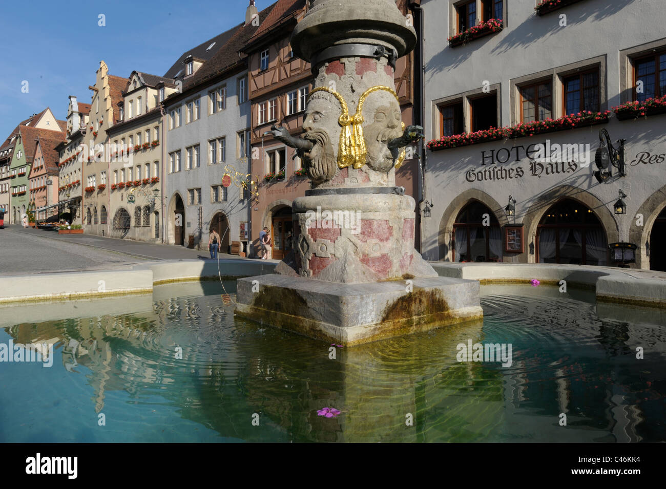 waterspout fountain on market place of city Rothenburg ob der Tauber in Bavaria, Germany Stock Photo