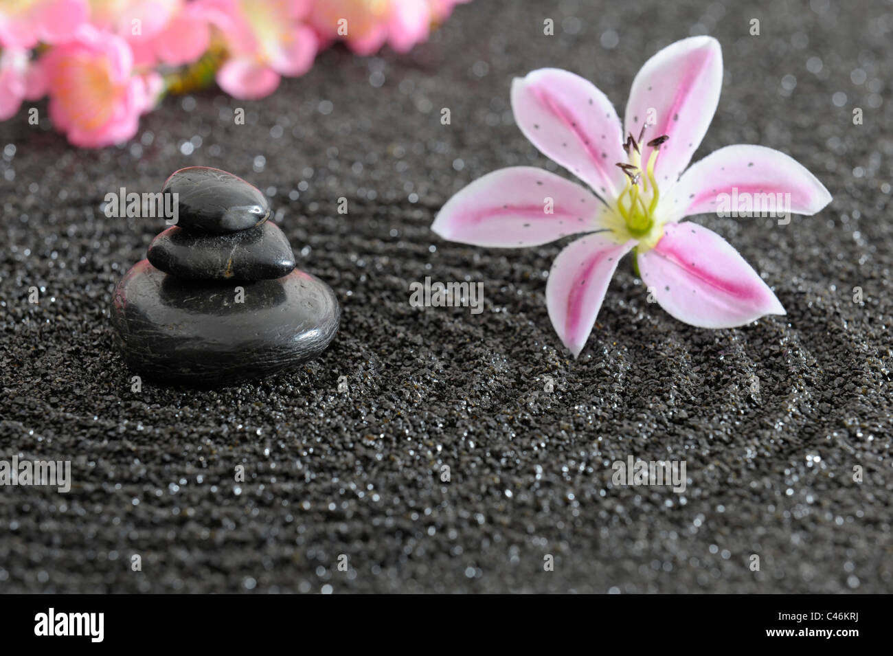 japanese zen garden in sand with stones Stock Photo