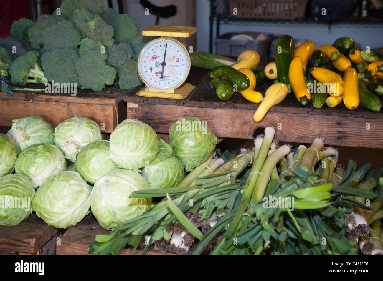 Vegetables grown for the CSA at the PEAS Farm in Missoula, Montana wait to be picked up. Stock Photo