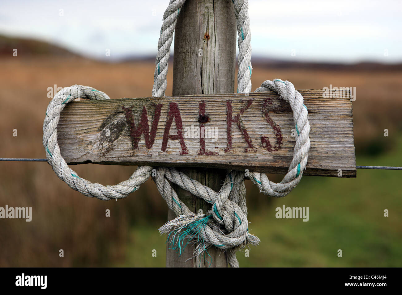 Walks sign showing the start of walking trails on the Isle of Mull Stock Photo