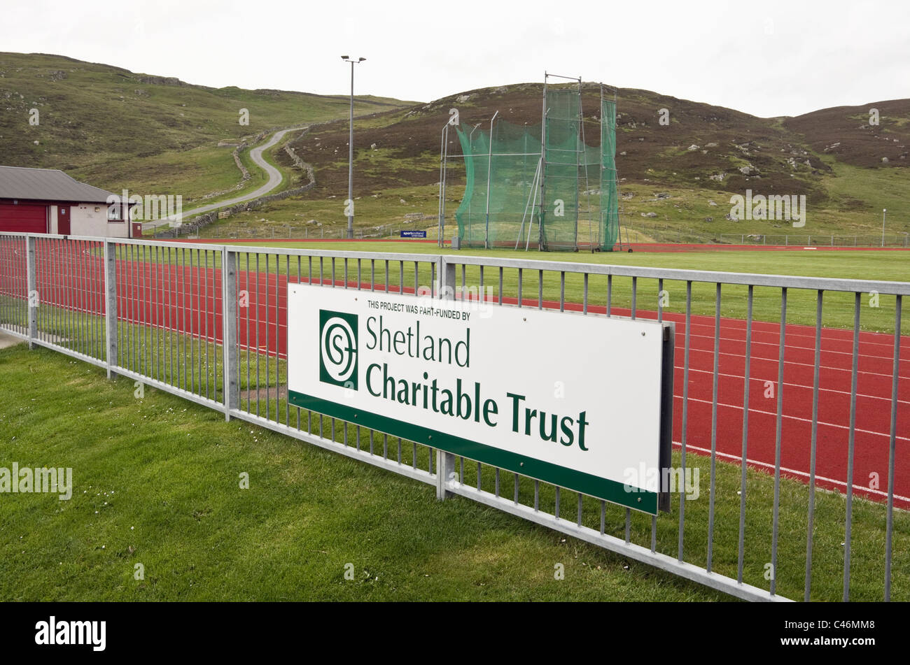 Clickimin Leisure Complex sports ground and charitable trust funding sign.Lerwick, Shetland Islands, Scotland, UK, Britain. Stock Photo