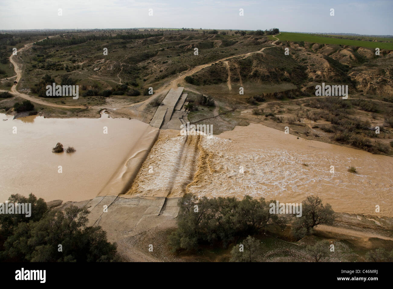 Aerial photograph of the Bsor stream after a flood in the Negev desert at winter Stock Photo