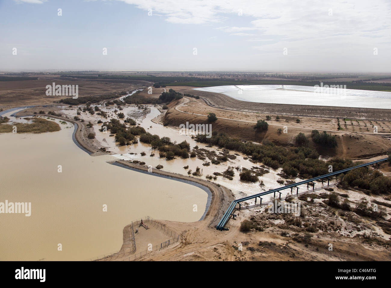 Aerial photograph of the Bsor stream after a flood in the Negev desert at winter Stock Photo