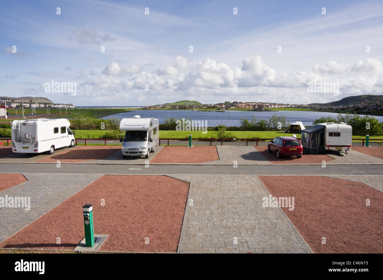 Lerwick, Shetland Islands, Scotland, UK. Clickimin Leisure Complex campsite pitches by Loch Clickimin Stock Photo