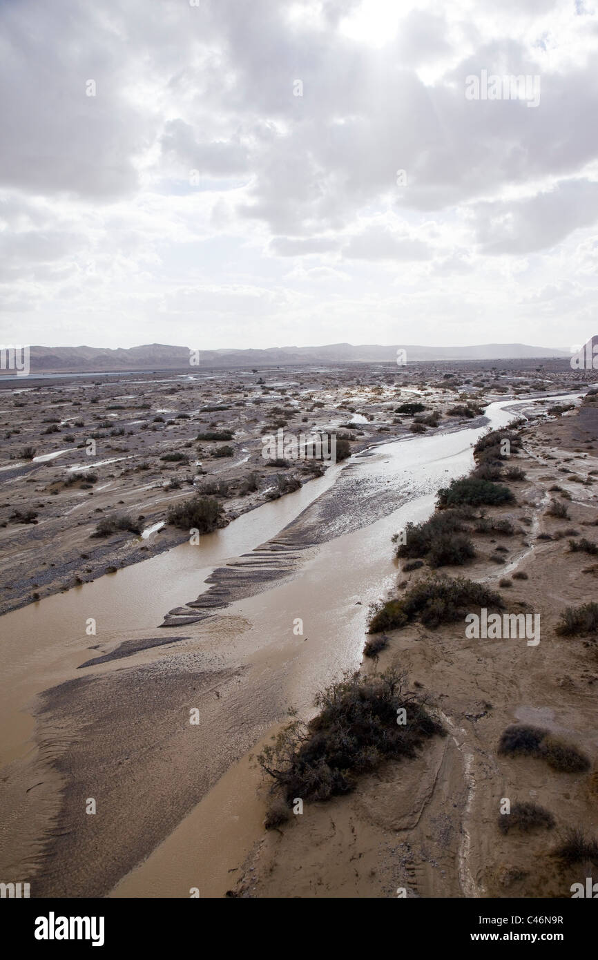 Aerial photograph of a flooded wadi in the Arava Stock Photo