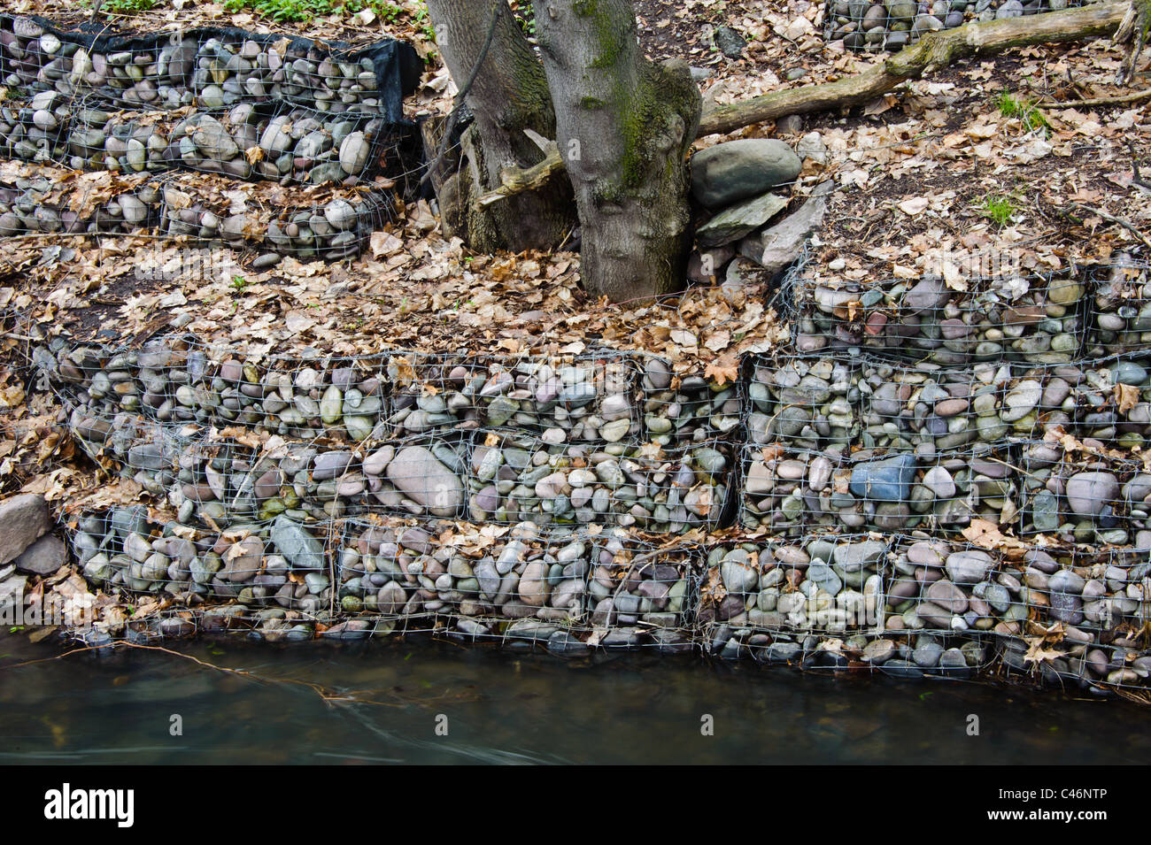 A gabion basket along the Clark Fork River near Higgins Avenue helps