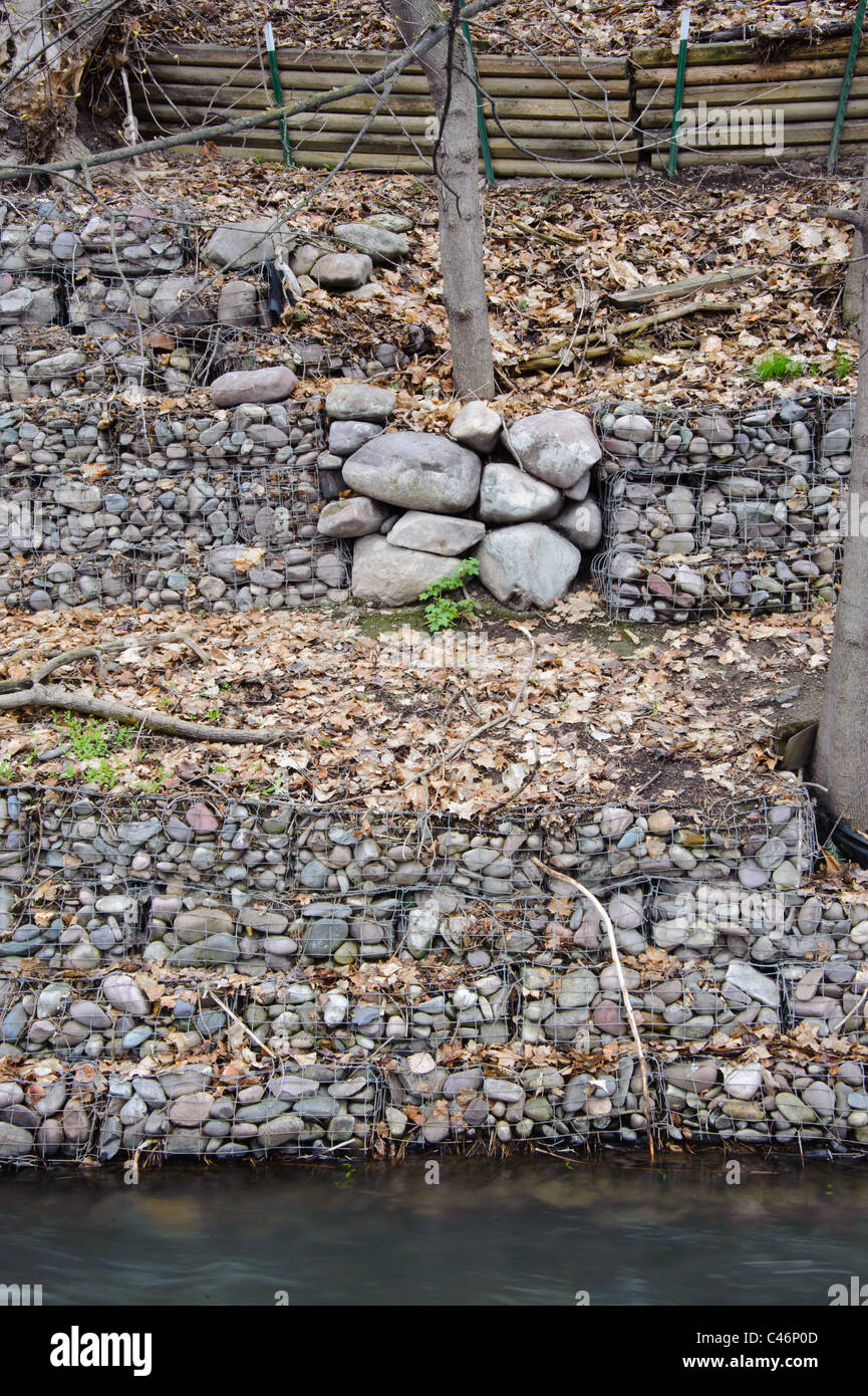 A gabion basket along the Clark Fork River near Higgins Avenue helps protect the sides of the river from erosion. Stock Photo