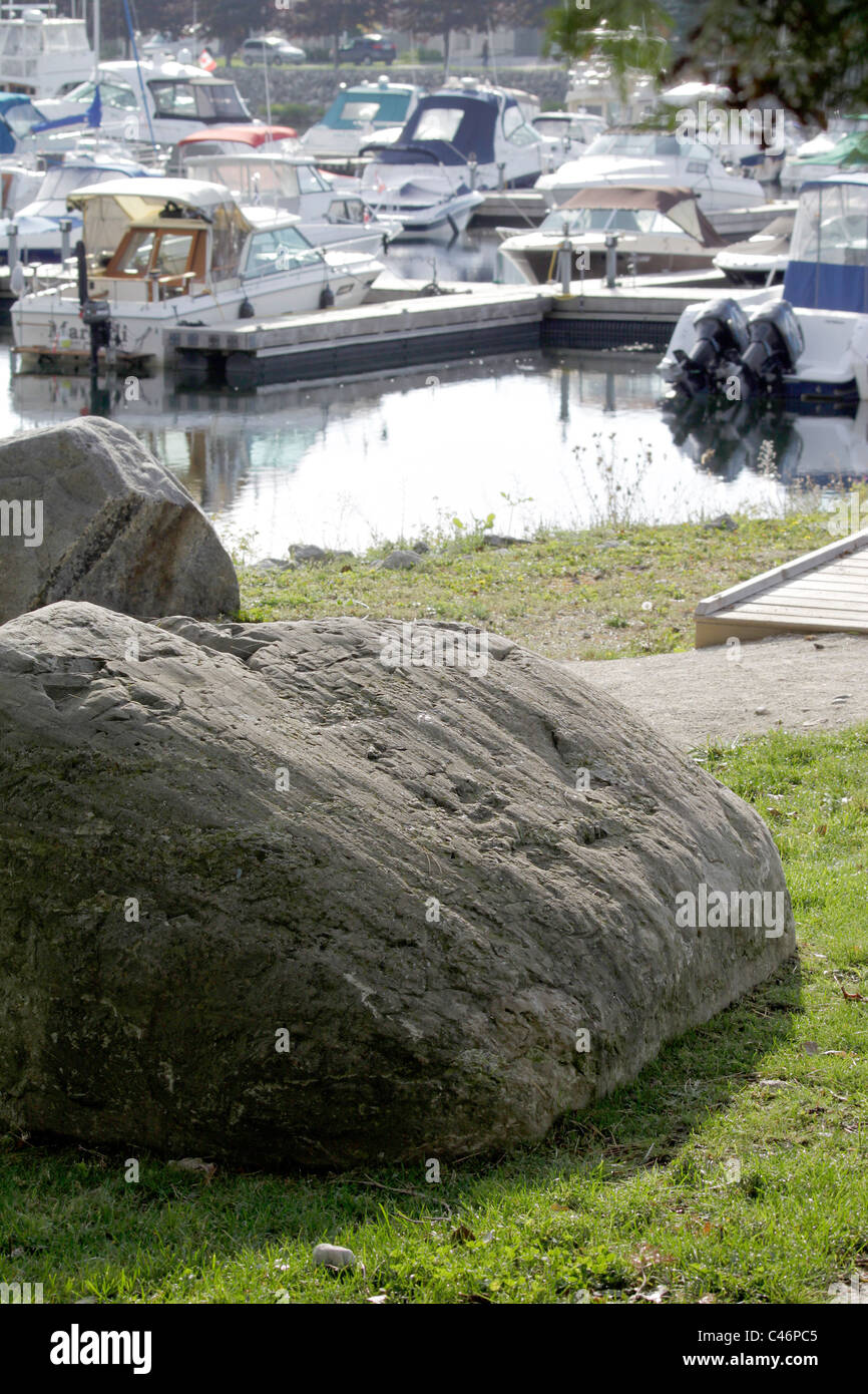 Large glacial boulder showing striations near boat harbor Collingwood Ontario Canada Stock Photo